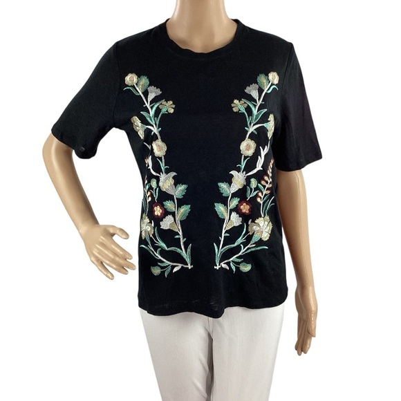 Maje Trinite Black Embroidered Linen T-Shirt Floral Mirror Stitch Size 1 (S) - Picture 1 of 7